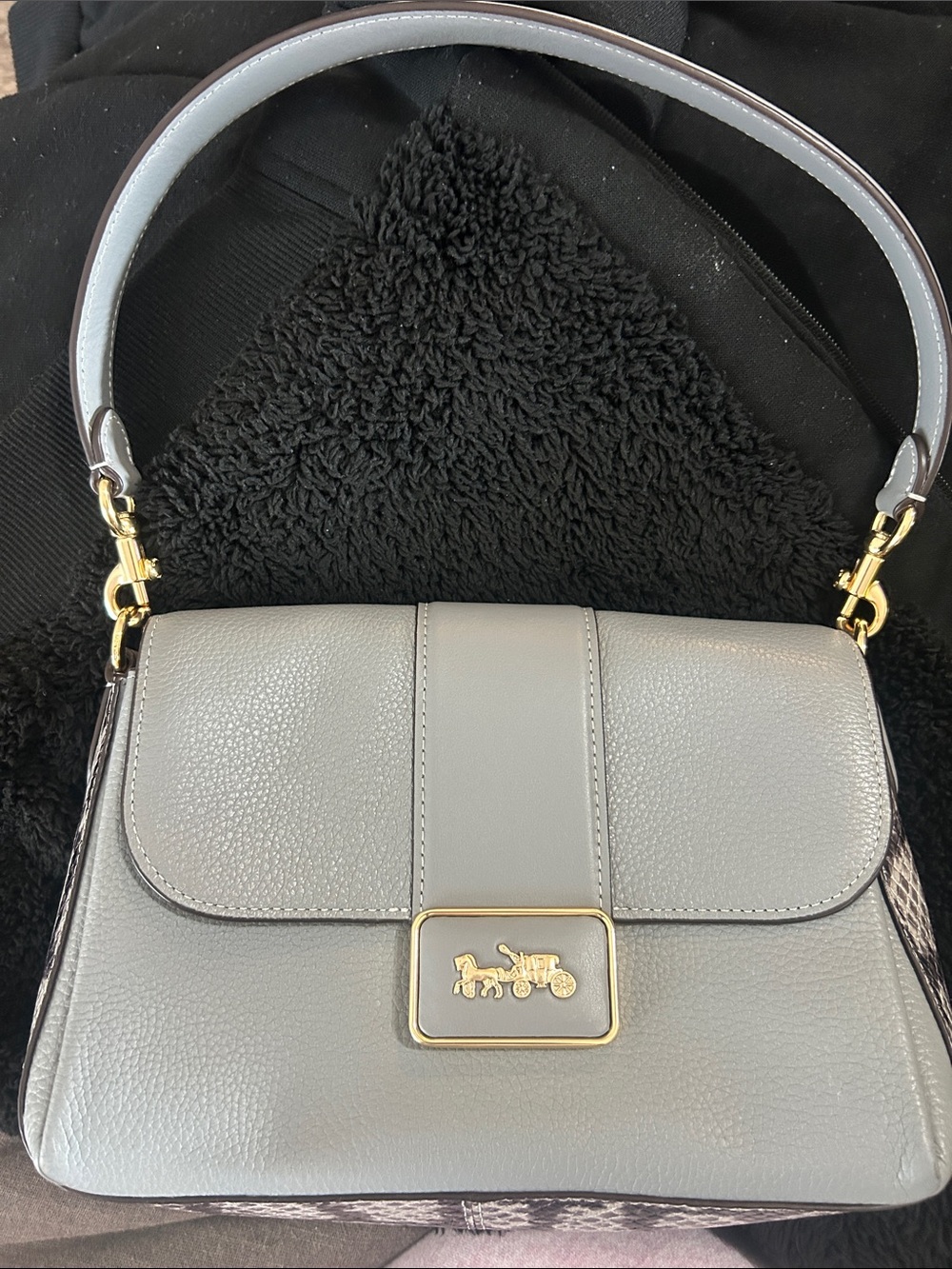 Coach Gray Leather Shoulder Bag with Gold Hardware